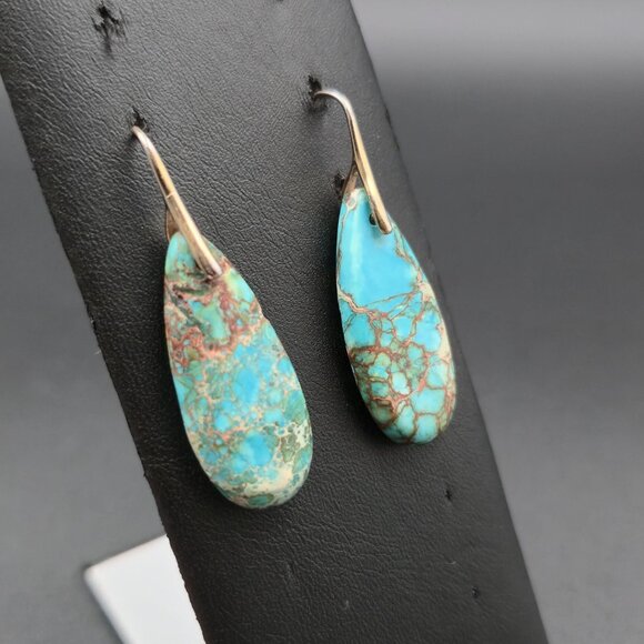 Worn Gold Plated Large Turquoise Stone Dangle Earrings A6751 - Picture 2 of 5